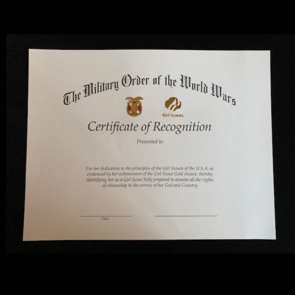 Gold Award Recognition Certificate, GSUSA
