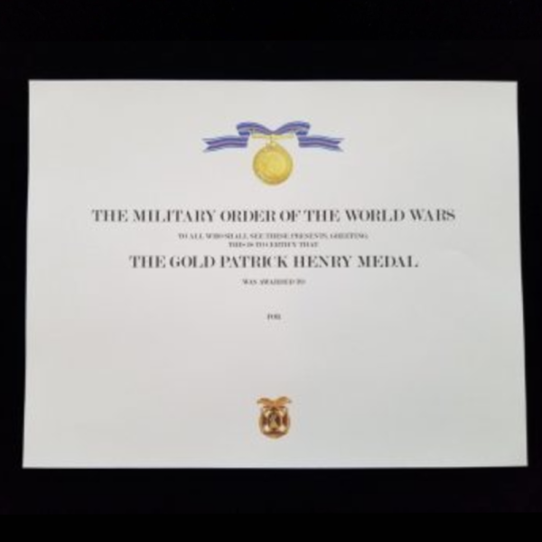Gold Patrick Henry Medal (GPHM) Certificate