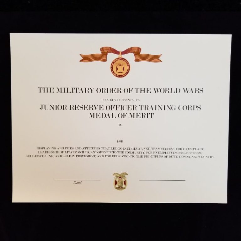 Bronze ROTC Medal of Merit Certificate Military Order of the World Wars