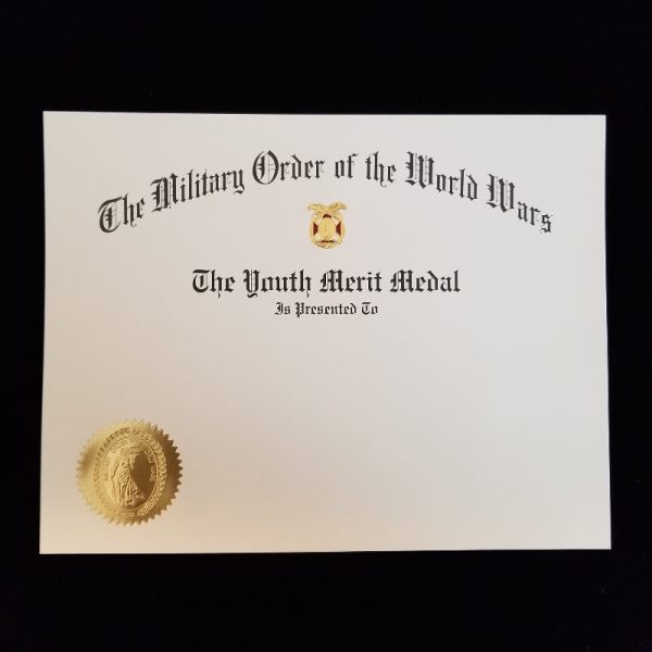 MOWW Youth Merit Medal Certificate (also order Horizontal Presentation Folder)